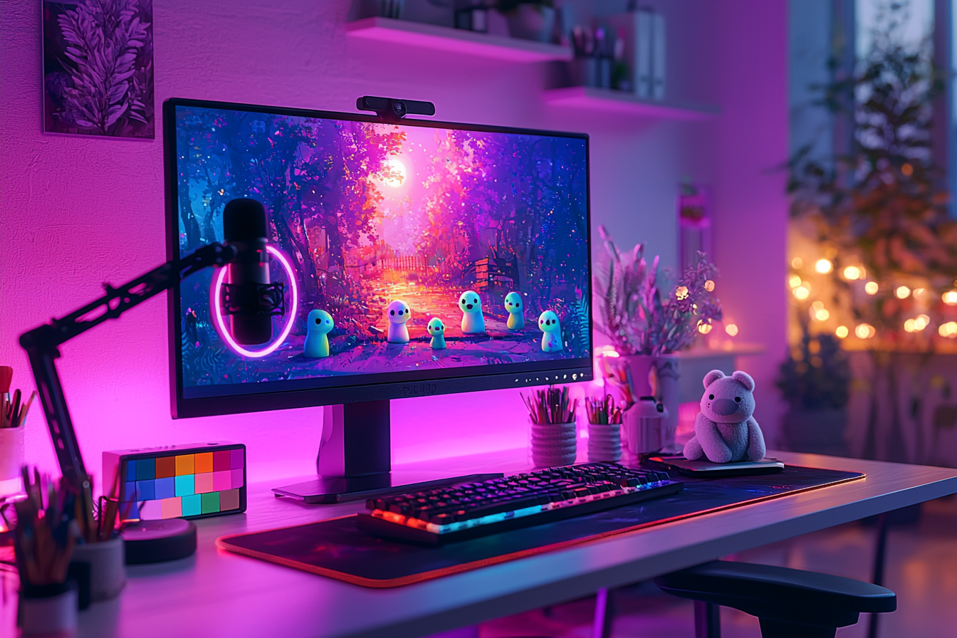 Setup de streaming com camaleões coloridos pintados sobre o monitor e teclado representando collabs de MECCHA CHAMELEON