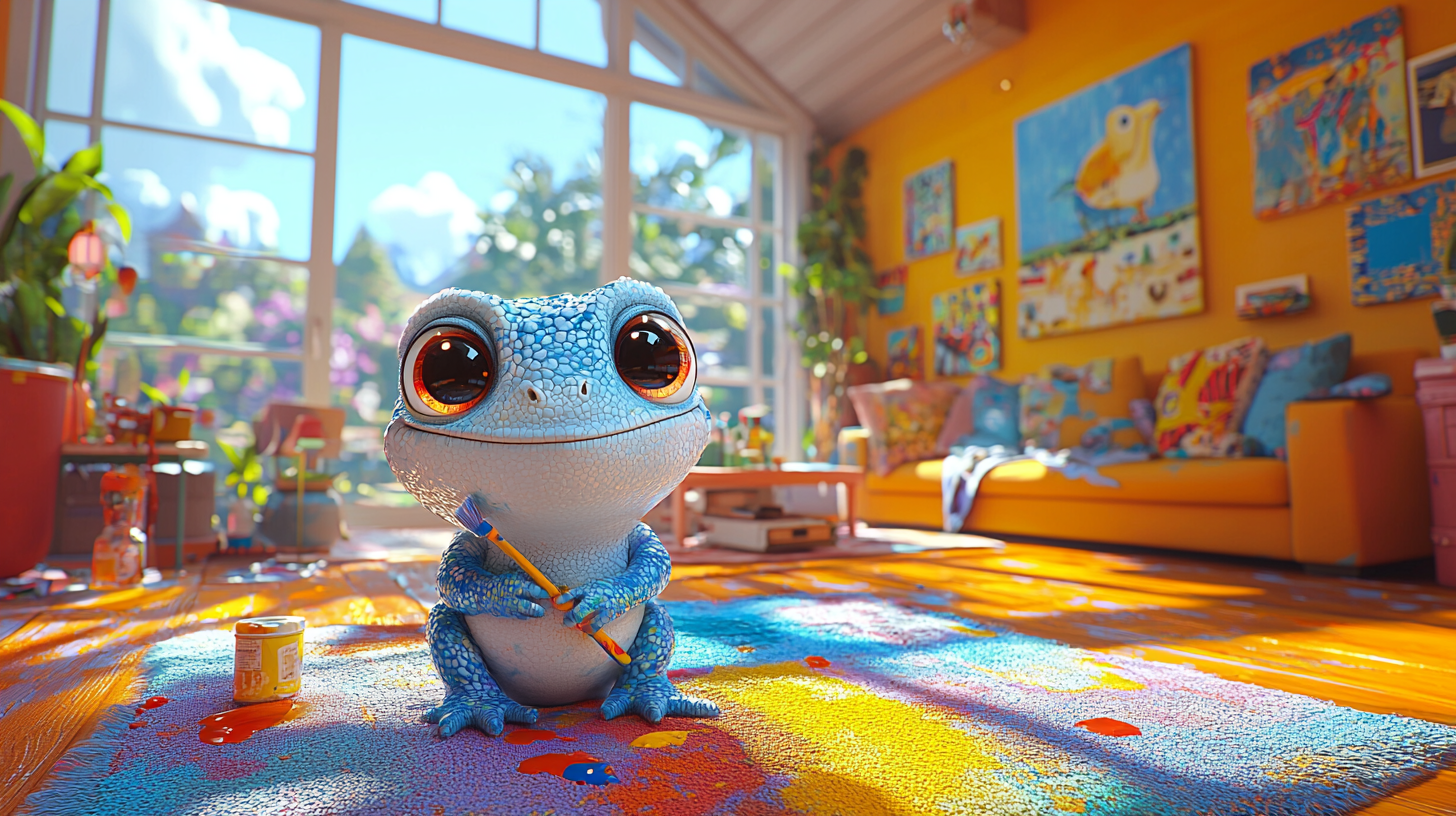 Personagem camaleão branco sendo pintado para se camuflar no cenário do jogo MECCHA CHAMELEON